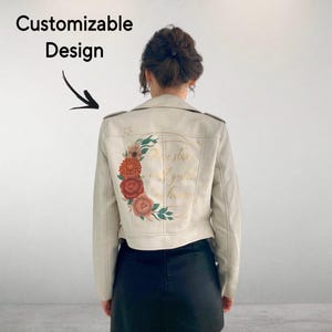 Personalized jacket, painted White Leather Bridal Jacket, White Bridal Biker Jacket, Celestial wedding bride jacket, wedding dress jacket.