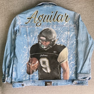 Letterman jacket, football jean jacket, game day outfit, painted denim jacket, cheer gift, cheer coach, football mom.