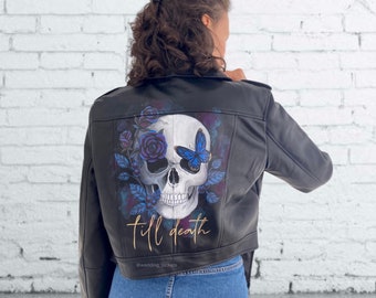 Chaqueta de novia, chaqueta de cuero para boda, regalo para despedida de soltera, los mejores regalos para ella, regalo único, chaqueta con calavera personalizada, novia gótica.
