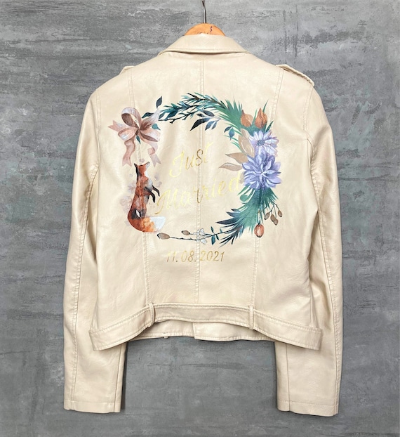 Bridal Ivory Jacket, Painted Beige Leather Jacket UK