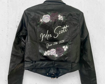 Custom Painted Bridal Faux Leather Jacket, Garden Wedding Gift, Gothic Wedding Apparel, Moody Wedding, Gothic Bride Jacket.