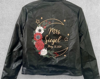 Bridal Shower Gift, Painted Leather Jacket, Celestial Wedding Jacket, Bridal Party Gifts, Newlywed Gift, Mrs Jacket.