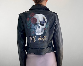Chaqueta de cuero pintada, chaqueta de novia personalizada, regalo nupcial, regalo para la novia, regalo para la futura señora, chaqueta gótica, novia gótica, chaqueta de la señora de la boda.