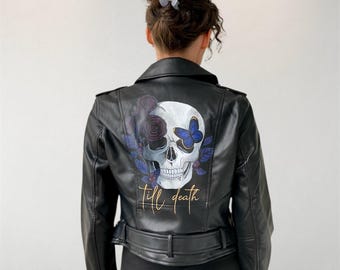 Regalo para despedida de soltera, chaqueta de cuero pintada, chaqueta de boda personalizada, chaqueta de futura señora, regalo para la novia, chaqueta a medida.