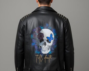 Chaqueta de cuero pintada a mano personalizada para hombre, chaqueta de cuero de motorista, chaqueta de carreras, chaqueta de moto, regalo para él, chaqueta punk personalizada.