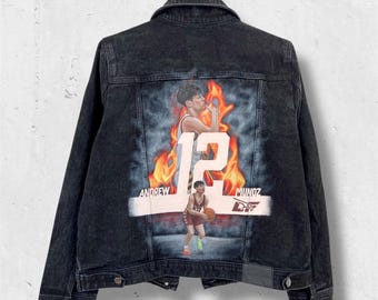 Basketball Denim Jacket, Personalized Jean Jacket, Custom Handpainted Outfit, Cheer Gift, Portrait From Photo, Gift For Him, Game Day.
