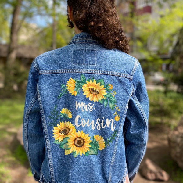 Veste en jean de mariée, veste de mariage tournesol, veste en jean de mariage sur mesure