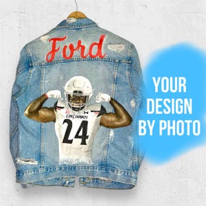 Personalized jacket, painted denim jacket, Football Jean Jacket, game day outfit, cheer gift, cheer mom, football mom.