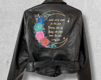 Chaqueta de novia de piel sintética pintada a mano, boda celestial, boda sencilla, boda en el jardín, boda bohemia.