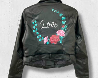 Chaqueta de cuero nupcial pintada, chaqueta personalizada para boda, chaqueta personalizada para la Sra., regalo para la novia, regalo para la despedida de soltera, regalo para la futura Sra.