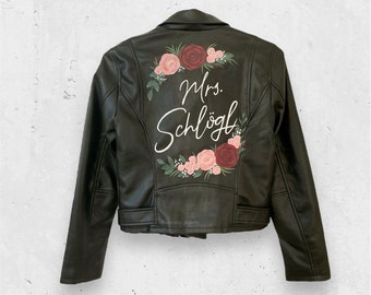 Chaqueta de novia personalizada, chaqueta de cuero pintada, chaqueta para la novia, chaqueta nupcial personalizada, regalo para mujer, ideas para bodas, atuendo de novia.