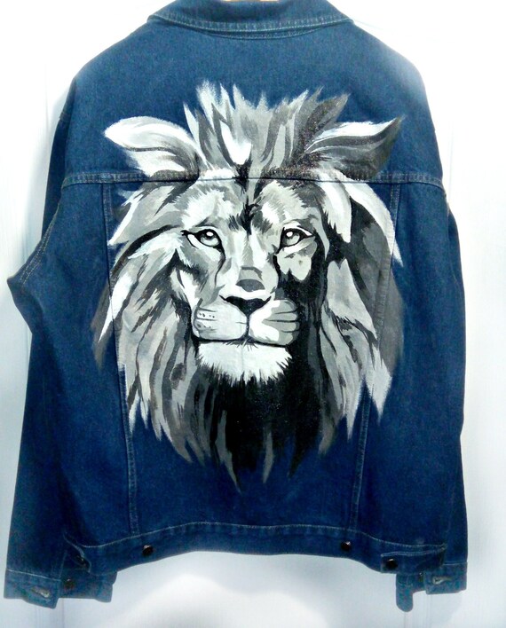 denim jacket with lion on back