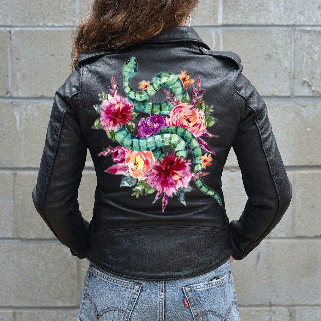 Hand Painted Leather Jacket Snake & Flowers 