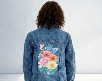 Veste en jean mariée, veste en jean personnalisée peinte, veste en jean de mariage, veste en jean Mme, cadeau mariée, cadeau pour elle, future mme, future mariée.