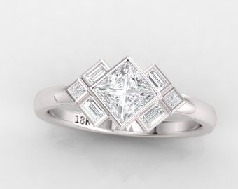Art deco ring. Princess diamond ring. Diamond engagement ring. 14K, 18K or platinum.