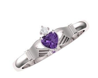 Claddagh ring. Amethyst and diamond claddagh ring. Available in 9K, 14K, 18K, white, yellow or rose gold. Also in Platinum.