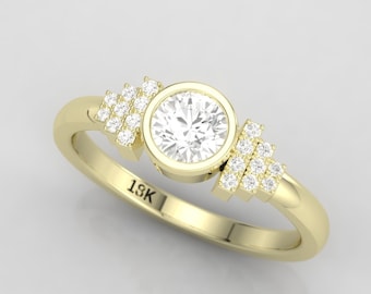 Art deco ring. Round diamond ring. Diamond engagement ring. 14K, 18K or platinum.