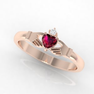 Sale - 9K white gold Claddagh ring. Ruby and diamond claddagh ring. Available in 9K, 14K, 18K, white, yellow or rose gold. Also in Platinum.