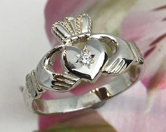Diamond claddagh ring. ladies classic Irish claddagh ring. Handcrafted in Ireland. Irish ring.