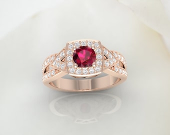 Ruby engagement ring. Art deco style Ruby and Diamond ring. Available in 14K or 18K yellow, white or rose gold. Also in platinum.