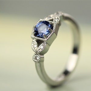 Sapphire engagement ring. Diamond ring, Antique inspired ring available in yellow, rose or white gold. Also in platinum.