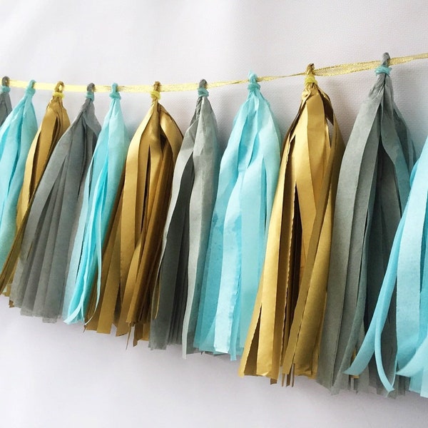 Blue Gray Gold Paper Tassel Garland Birthday Party Baby Shower Nursery Decoration