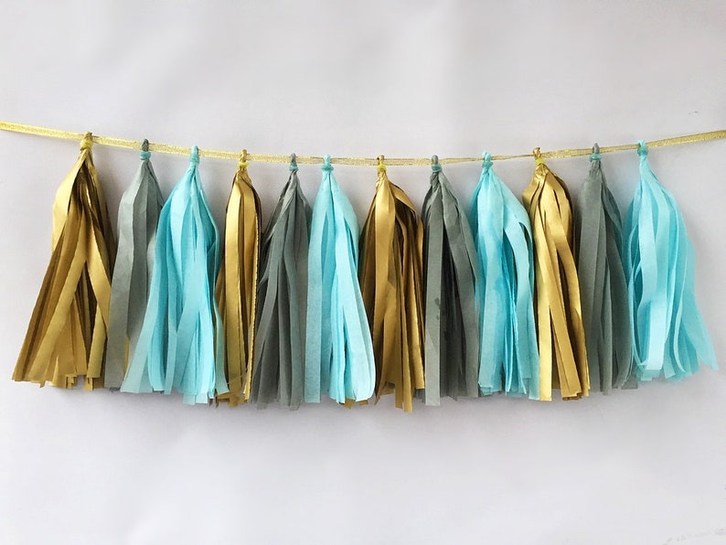Blue Gray Gold Paper Tassel Garland Birthday Party Baby Shower Nursery Decoration