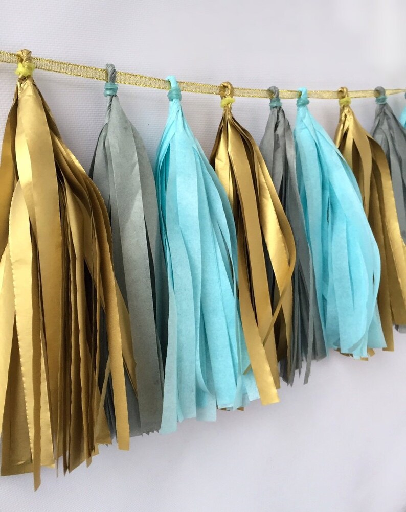 Blue Gray Gold Paper Tassel Garland Birthday Party Baby Shower Nursery Decoration