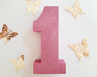Premier anniversaire décor rose, Selfstanding Number One, Pink glitter Number , 1er anniversaire gâteau smash prop décor
