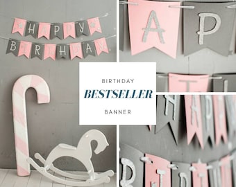 Pink Gray Birthday Banner, Birthday Decoration, Party Decor, Personalized Girl 1st Birthday Banner