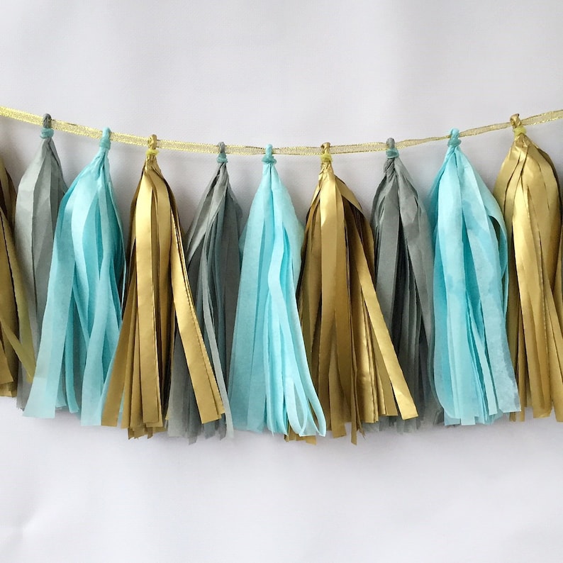 Blue Gray Gold Paper Tassel Garland Birthday Party Baby Shower Nursery Decoration