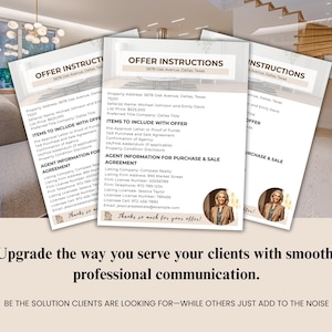 Könnte beinhalten: Drei Angebotsanweisungsdokumente mit Text, einschließlich Immobiliendetails und Agenteninformationen. Die Dokumente sind weiß mit einem beigen Header und zeigen ein Foto einer Frau. Der Text unten lautet: "Verbessern Sie die Art und Weise, wie Sie Ihre Kunden bedienen."