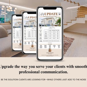Puede incluir: Tres smartphones que muestran una actualización de listado de bienes raíces. Las pantallas muestran una imagen de la casa, detalles del listado e información de contacto. El texto dice "Listing Update" y "Emma Smith, Realtor". La imagen también incluye el texto: "Mejore la forma en que atiende a sus clientes con una comunicación profesional y fluida."