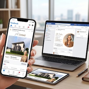 May include: A smartphone displaying a Facebook feed with a Brightpath Realty Group real estate advertisement, alongside a laptop and tablet showing the same digital content, featuring a modern house image and agent profile information.