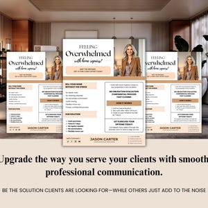 Puede incluir: Imagen promocional con varios folletos con el texto "Feeling Overwhelmed with home repairs?" y un retrato de mujer. Los folletos ofrecen servicios como ofertas en efectivo y cierres rápidos. El texto inferior dice: "Mejore la forma en que atiende a sus clientes con una comunicación profesional y fluida."