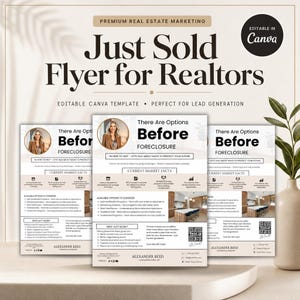 Flyer voor recent verkocht onroerend goed – Bewerkbare Canva-sjabloon voor makelaars en agenten. (Verkoopbrief)