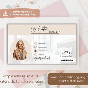 May include: A business card design for a realtor, featuring a headshot of a woman in a tan blazer. The card includes contact information and the realtor's name, "Lily Watson, REALTOR®". The design has a neutral color palette with text that reads "Download Now & Start Using Right Away".