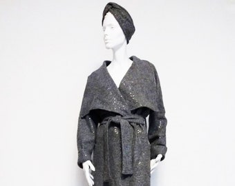 Grey sequin coat, women's wool coat, size 38