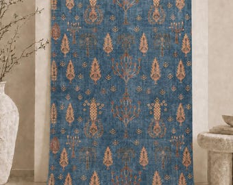 Blue Area Rug, Turkish Boho Carpet, Washable Cotton Chenille Kitchen Runner