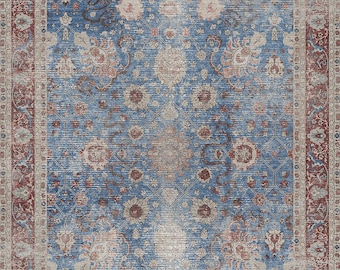 Blue Turkish Rug, Traditional Rug 5x7, 4x6 Area Rug, Faded Distressed Blue Red Vintage Style Rug for Living Room Bedroom Washable Carpet