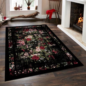 Unique Rug, Karabagh Rug, Rustic Modern Rug, Black Area Rugs, Rug for Living Room, Rug for Bedroom, Dining room, Kitchen Rug, Floral Rug