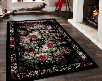 Unique Rug, Karabagh Rug, Rustic Modern Rug, Black Area Rugs, Rug for Living Room, Rug for Bedroom, Dining room, Kitchen Rug, Floral Rug