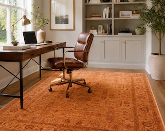 Rustic Terracotta Vintage Rug, Mustard Area Rug Turkish Distressed Botanical Medallion Carpet for Living Room Decor