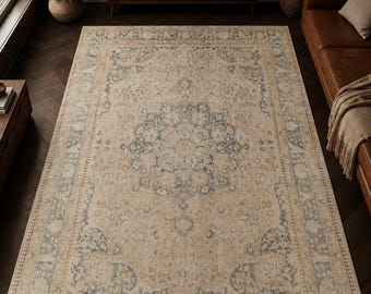 Beige Washable Area Rug, Bedroom & Living Room Floor Covering, Distressed Beige and Blue Neutral Cozy Home Style