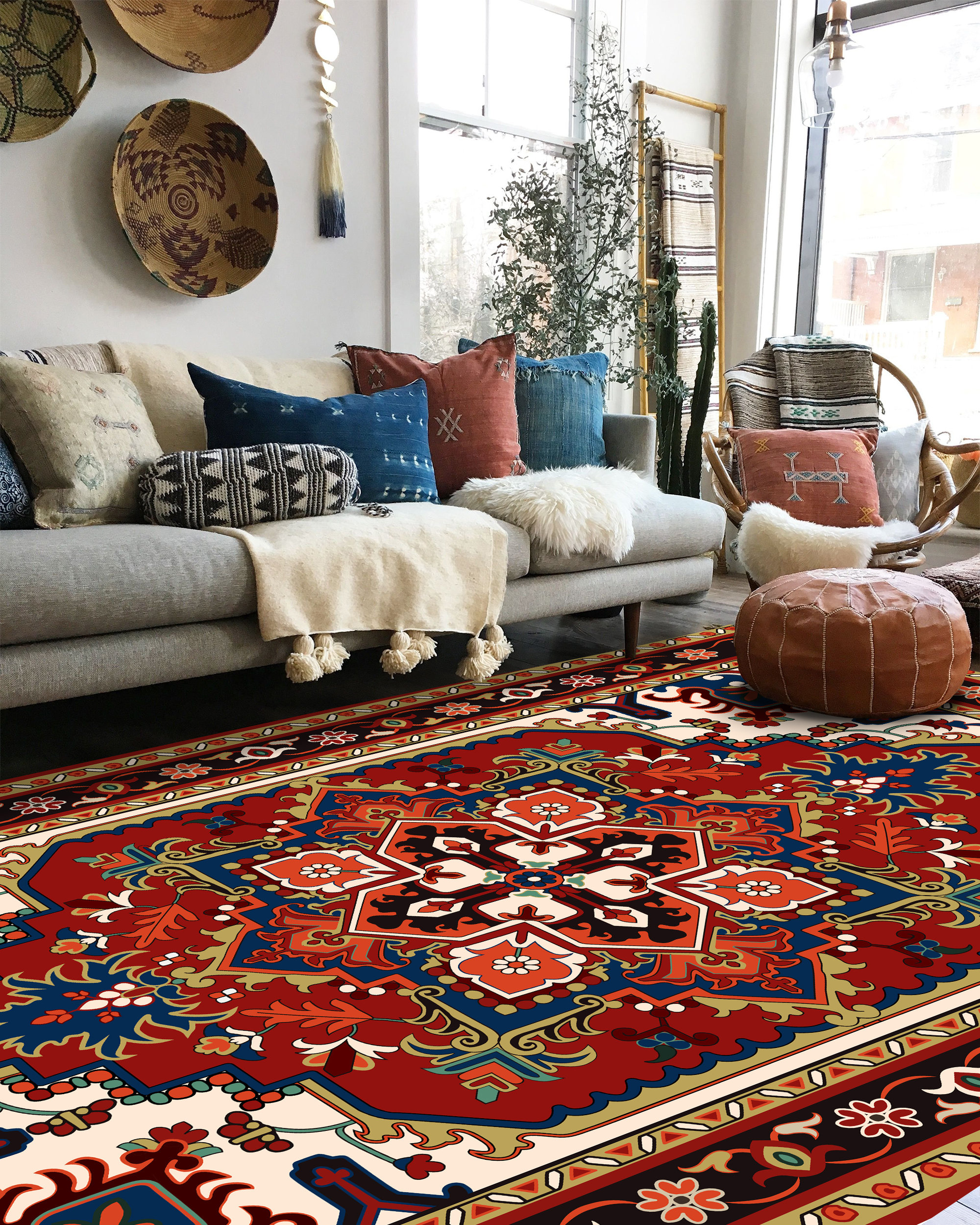Oriental Medallion Red Area Rug Rustic Mid Century Modern