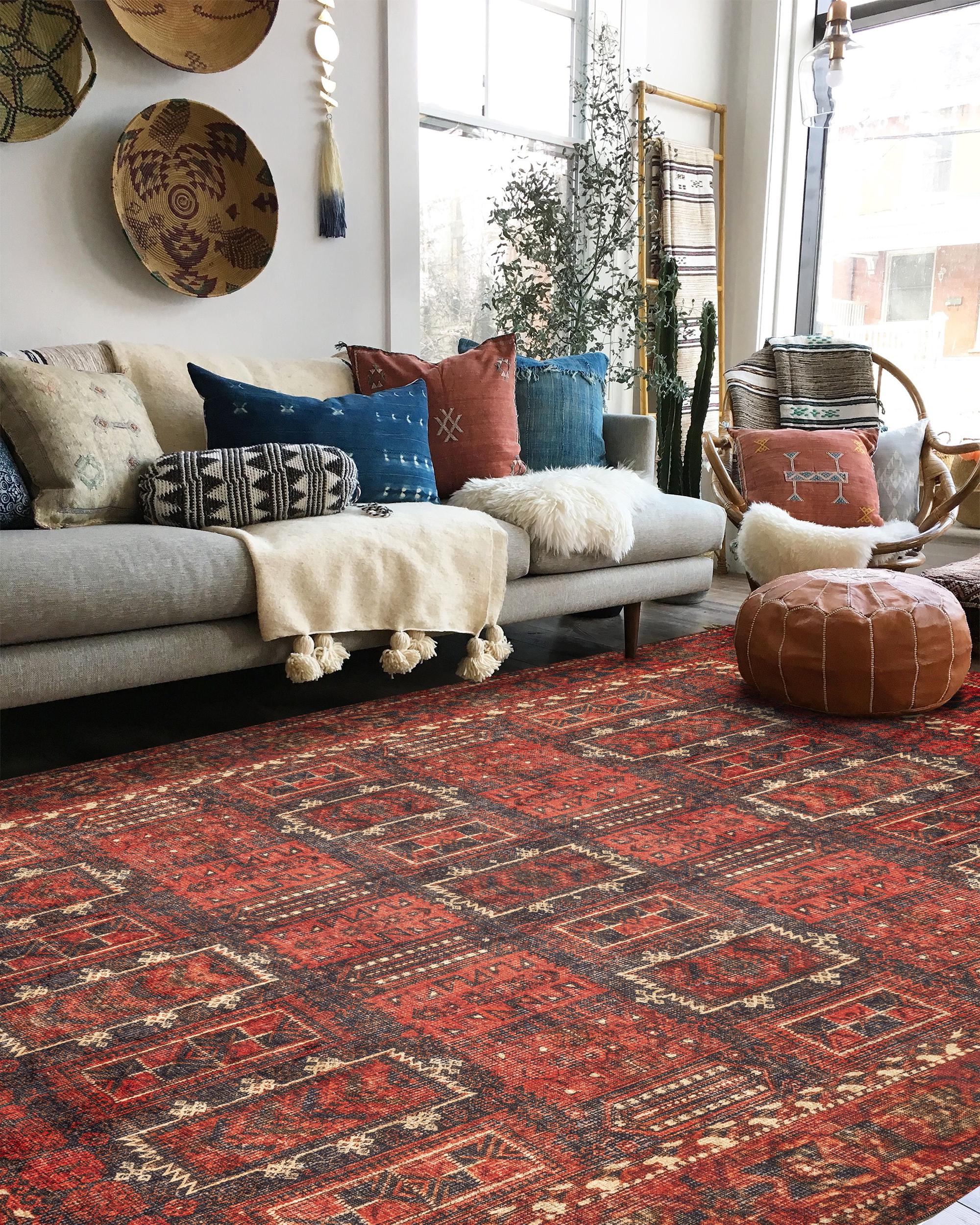 Red Afghan Rug, Rustic Carpet, 5x8 Rug, Bedroom Rug