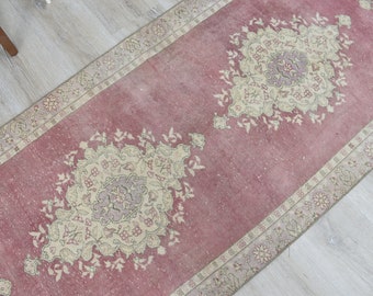Handwoven Vintage Turkish Runner Rug, Pastel Purple Pink Oriental Wool Carpet, 2'6"x10'8"
