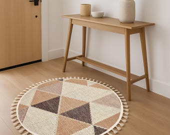 Round Rugs Woven Textured Cotton & Polyester Round Durable Rugs Braided Beautiful Modern Rugs Room Decor Carpet in Cream Beige Brown