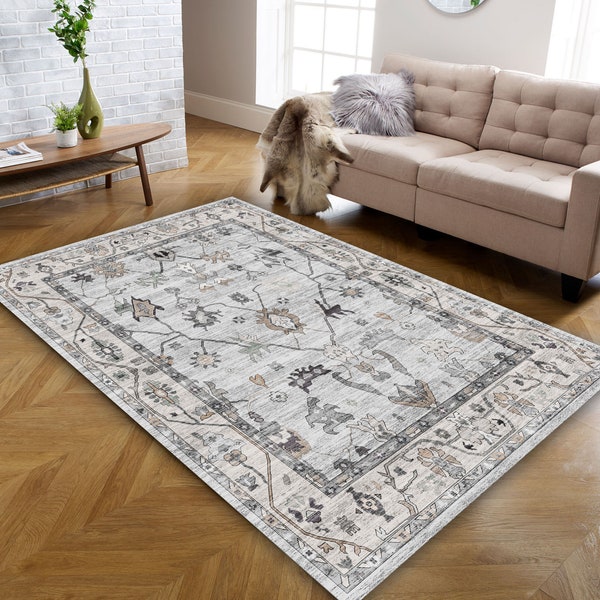 Gray Modern Oushak Rug, Shades of Soft Grey Vintage Pastel Turkish Area Rugs, Oriental Antique Inspired Pattern Luxury Living room Bedroom