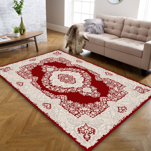 Turkish Oriental Rug . Red Cream Ivory Rug . Machine Washable Rug . Non-Slip Kilim Rug . Saloon Rug Traditional Silky Soft Rug